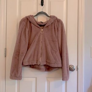 Zip up fluffy hooded teddy jacket